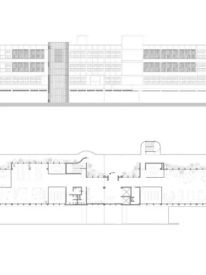 The floor plan and elevation for the RSL Office building. This drawing shows the long, column-free interior spaces and the regular rhythm of the facade, which is designed for optimal natural light and ventilation.