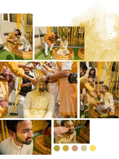 A collage detailing the groom's Haldi ceremony, from the first application to the final playful dousing.