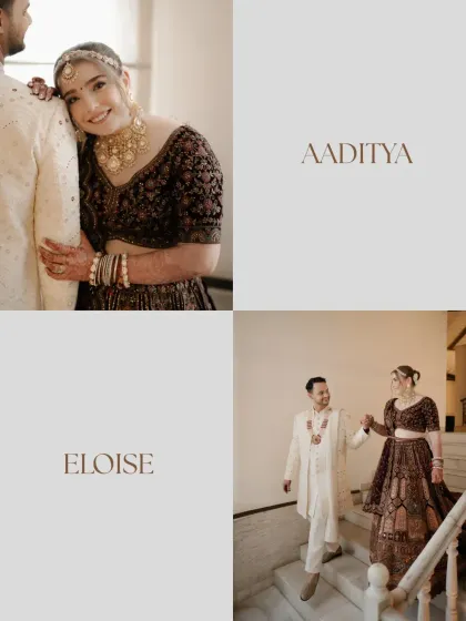 A collage of tender moments, including the bride resting her head on the groom's shoulder and them walking down the stairs together.