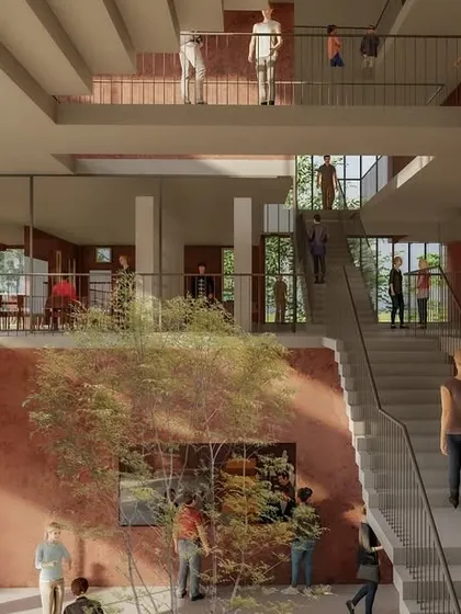 This interior render for the Nursing College at Dolvi illustrates our concept of learning spilling into common areas. The multi-level atrium with its central staircase and integrated greenery is designed to be a social hub, encouraging chance meetings and collaborative study outside formal lecture halls.