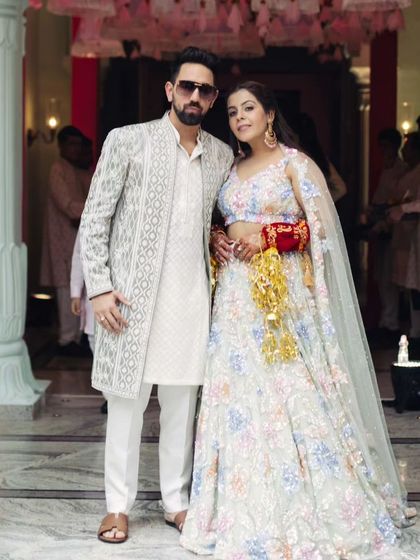 The couple, looking stunning in their coordinated outfits for the Haldi ceremony.