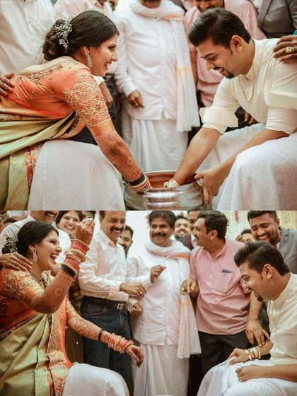 The fun and games post-wedding, where the couple searches for a ring in a bowl of water.