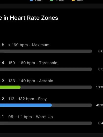 Time in heart rate zones for a 20km long run. The majority of time in Zone 2 (Easy) and Zone 3 (Aerobic) shows a well-controlled aerobic base-building session.