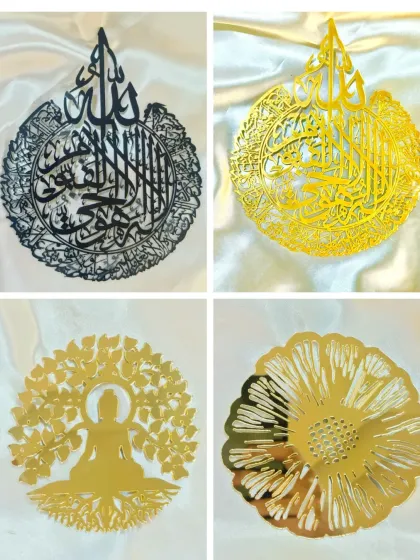 We offer a range of intricate acrylic cutouts for wall art and clocks. This image shows beautiful Islamic calligraphy, a Buddha under the Bodhi tree, and a floral design.