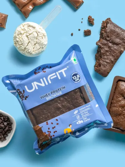 A packet of Unifit's whey protein brownie, deconstructed with ingredients like whey powder and chocolate chips.