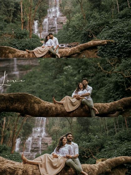 A collage that tells the story of love amidst the beauty of a cascading waterfall, capturing both grand views and intimate moments.