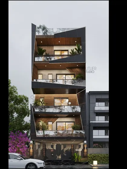 This is the same building, showing how the facade's appearance changes with the light. The combination of dark cladding and warm wood soffits adds depth and visual interest to the architectural design.