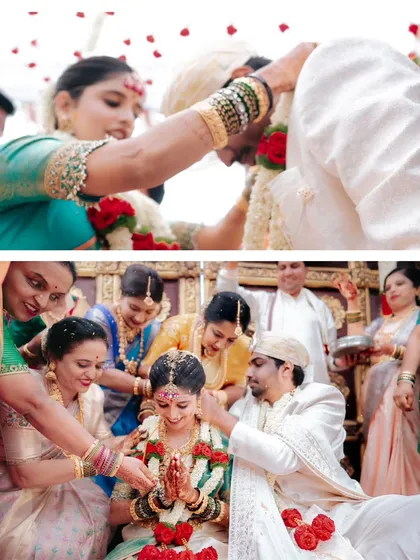 Two significant moments from a South Indian wedding: the groom tying the mangalsutra and the couple being blessed by family with akshata.
