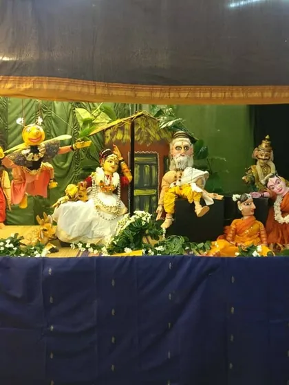 A full tableau from a story, likely Shakuntala, set up for a doll festival or exhibition. These displays allow us to tell stories in a different format, creating a miniature world for viewers to explore.