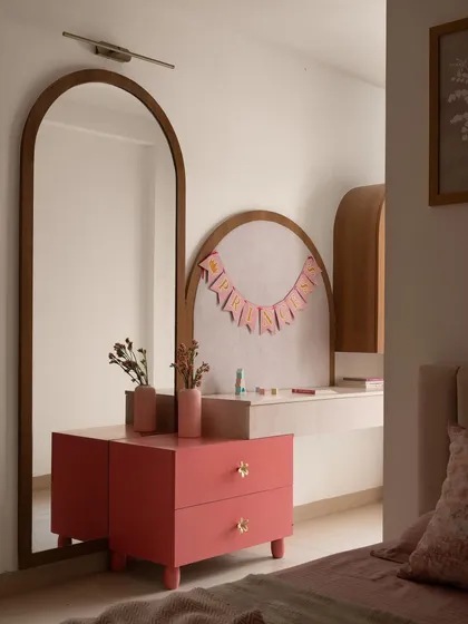 A different angle of the kids' vanity, showing how the pieces work together to form a functional and beautiful corner. The design fosters independence and creativity.