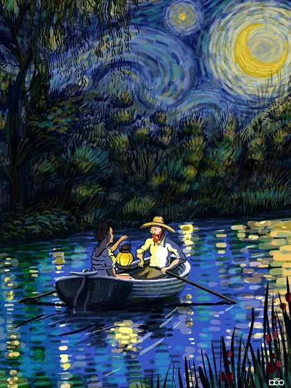 A romantic and hopeful scene where Vincent and a companion are boating on the Rhône river under a starry night. The light from their lantern mingles with the reflection of the stars, a quiet moment of shared connection and peace amidst the cosmic swirl.