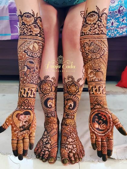 A throwback to the stunning bridal henna I did for my NRI bride in 2020. This picture, with its unique cartoon couple portrait and swan motifs, is still one of my favorites.