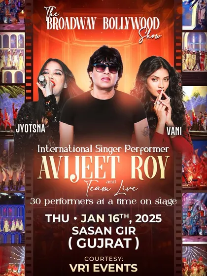 The official poster for our 'Broadway Bollywood Show' at a grand wedding in Sasan Gir, Gujarat. We bring a team of 30 performers to make it a truly spectacular sangeet night.