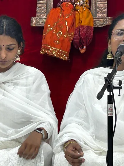 The Nair sisters in a moment of deep musical connection during their duet performance at the Swarveni Utsav. Singing together requires a unique synergy that they have developed beautifully.