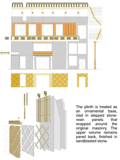 This exploded axonometric drawing shows how the facade of Stone Print Villa was conceived as a cladding system. An ornamental base of stepped stone-resin panels wraps the original masonry, while the upper volume is finished in sandblasted stone.