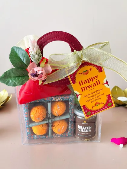 Another view of the clear goodie bag, perfect for bulk orders for employees or clients this Diwali.