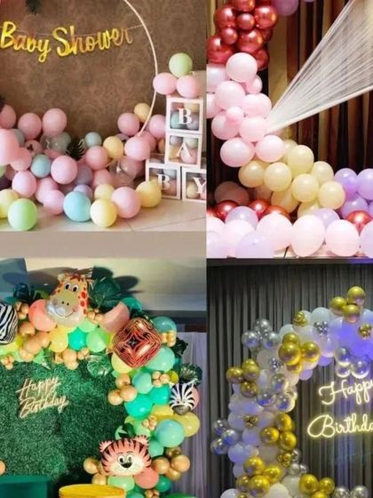 More examples of our versatile balloon decorations for home parties in Delhi, showcasing different styles from jungle themes to elegant baby showers.