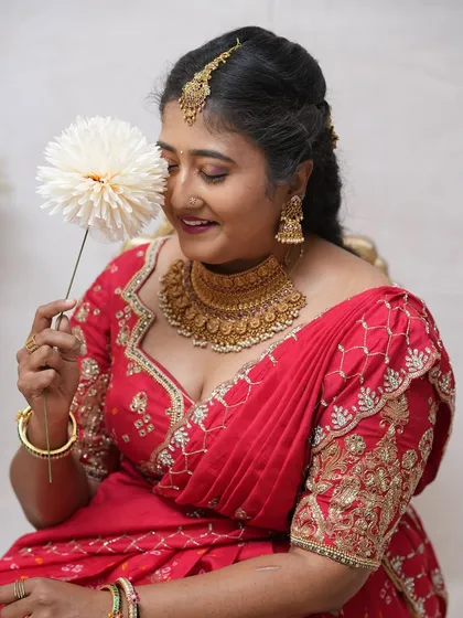 This series showcases a model in a festive look for Ganesha Chaturthi, wearing our complete temple jewellery set. It includes various angles highlighting the necklace, earrings, and maang tikka.