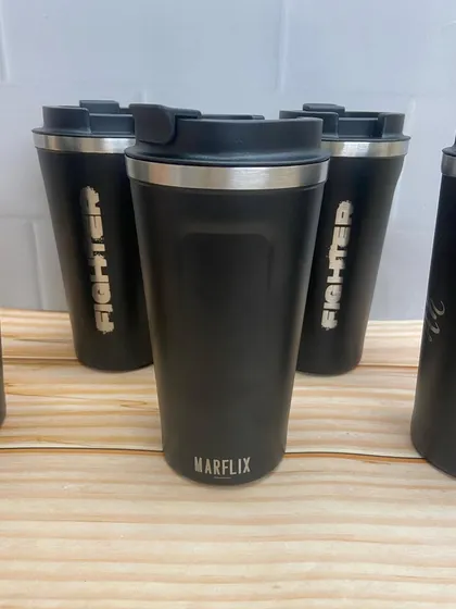 The back of the coffee flask, featuring the 'Marflix' production house logo.