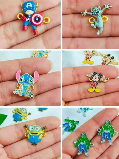 For the little ones, we have a fun collection of 3D cartoon charms. This image shows popular characters like Captain America, Tom, Stitch, Mickey Mouse, Minions, and the Hulk.