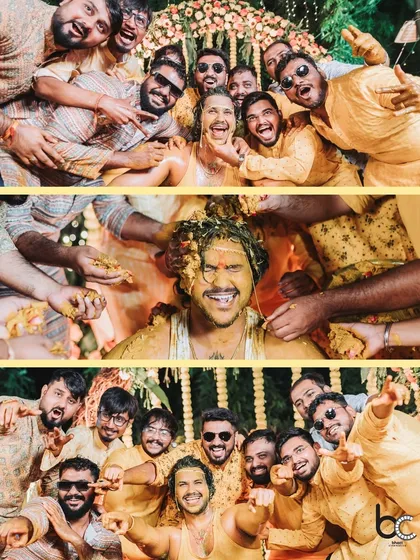 The groom and his squad. This collage captures the fun and camaraderie as the groomsmen celebrate his Haldi ceremony with enthusiasm.