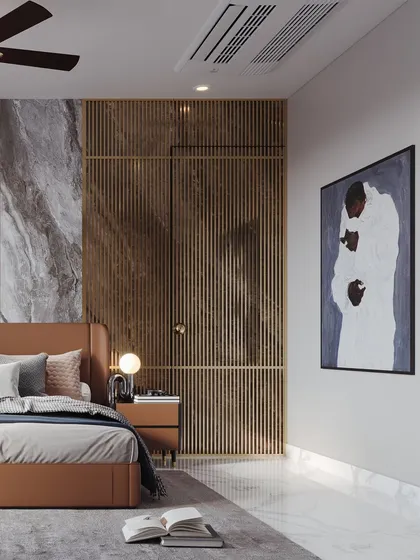 This angle reveals a hidden door within the fluted wood paneling, a design detail that my visualization makes clear. The render also highlights the curated artwork and the soft glow of the bedside lamp.