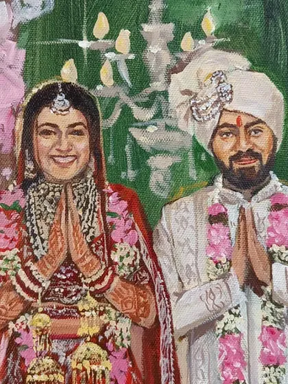 A detailed close-up of the couple from the Orana Conventions live painting. Their happy smiles and 'namaste' pose create a warm and welcoming image.