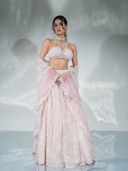 A full-length shot of Palak Tiwari's runway look for Times Fashion Week, captured against a studio setup backstage.