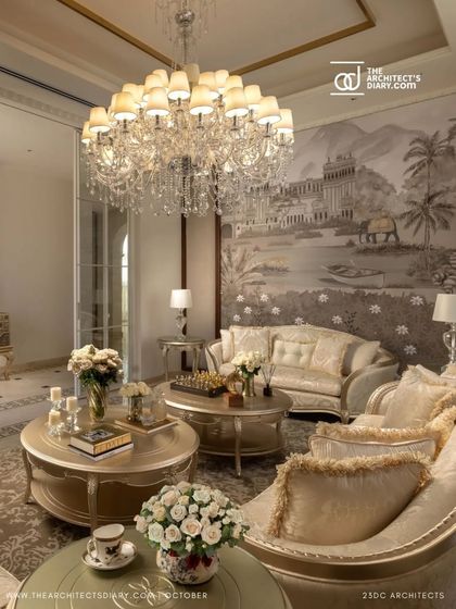 Featured in The Architect's Diary, this living area in The Ivory Royale showcases a blend of classic furniture and a hand-painted mural. The arrangement creates an intimate and regal atmosphere, perfect for conversation.
