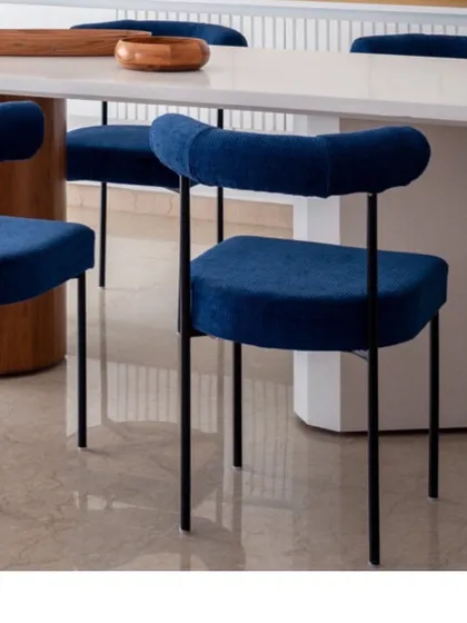 A close-up on the elegant, curved back of the blue velvet dining chairs from 'Vishu Home'. The design is modern, comfortable, and adds a sculptural quality to the dining space.