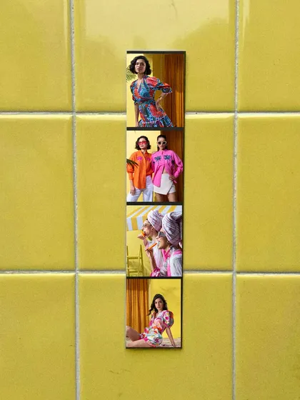 A creative composite image styled like a film strip, showcasing multiple looks from the Boho-Chic campaign in a single, engaging visual.