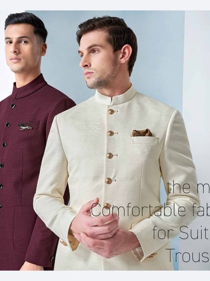 We believe in comfortable luxury. This image showcases two of our Jodhpuri suits in rich maroon and classic ivory, crafted from fabrics chosen for their superior feel and drape.
