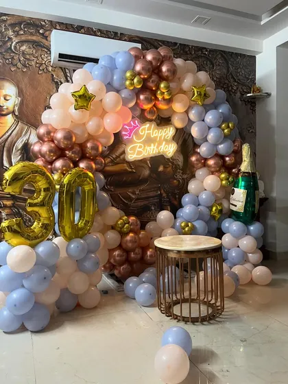 A detailed shot of the balloon arrangement, highlighting the different sizes and colors used.