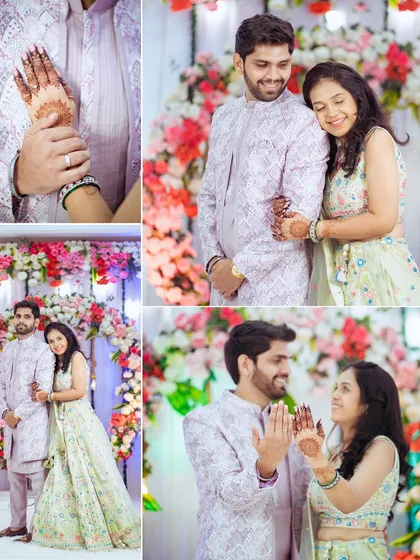 A collage of sweet moments from an engagement ceremony. It shows the couple posing against a floral backdrop, showing off the bride's mehndi, and sharing loving glances.