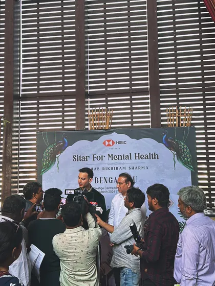 A press conference in Bengaluru for the 'Sitar for Mental Health' tour. It's important to engage with local media to spread the message of music and mental wellness.