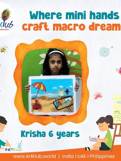 Nothing makes us happier than seeing a child's pride in their own creation. Here, 6-year-old Krisha proudly displays her colorful beach scene, a perfect example of how we help our youngest artists turn their big ideas into beautiful art. Our goal is to build confidence and a lifelong love for creativity.