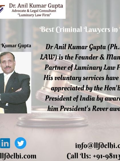 We handle a substantial volume of criminal litigation, including revisional applications and appeals. This image showcases the firm's foundation, led by Dr. Anil Kumar Gupta, who was awarded the President's Rover Award.
