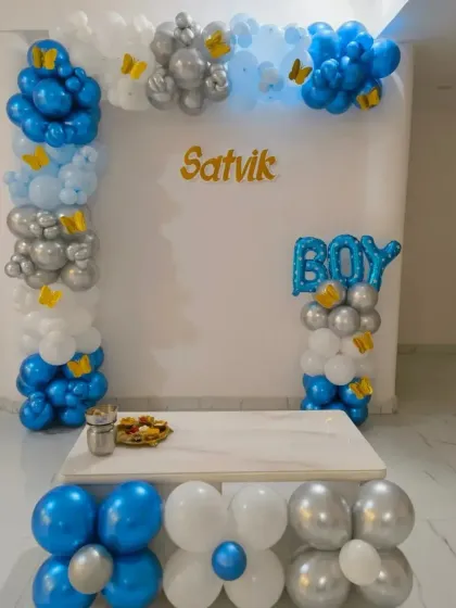 A clean and simple welcome decoration for baby Satvik. This setup features a rectangular balloon frame in blue, white, and silver, with butterfly accents for a delicate touch.