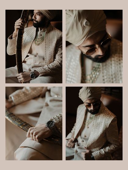 A collage of the groom's portraits, showcasing his regal attire and stylish accessories from different angles.