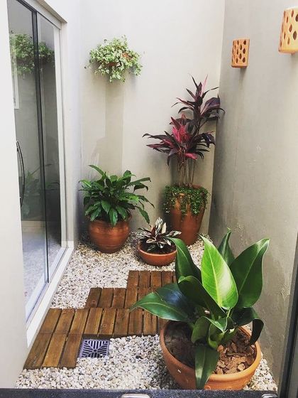In this indoor skylight area, I used a combination of gravel pebbles for drainage and texture, with a simple pathway made of wooden deck tiles. This creates a clean, zen-like feel in a small, enclosed space.