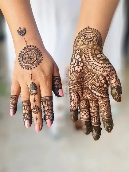 A creative bridal design for Pratibha, with a traditional intricate pattern on one hand and a modern hanging mandala on the other.