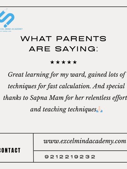 A parent shares their experience with our fast calculation techniques and gives special thanks to Sapna Ma'am for her relentless efforts.
