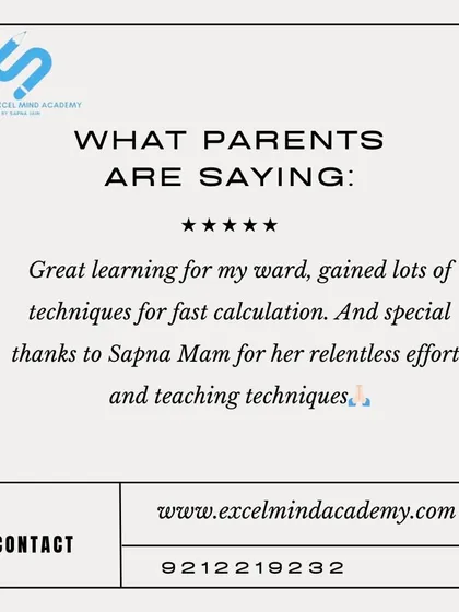 A parent shares their experience with our fast calculation techniques and gives special thanks to Sapna Ma'am for her relentless efforts.