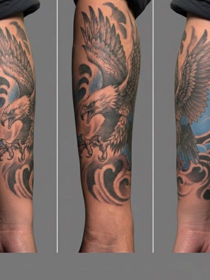Three angles of the eagle sleeve tattoo, showcasing how the design flows with the arm. The combination of black, grey, and blue creates a striking and cohesive piece.