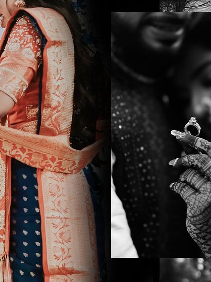An artistic black and white collage focusing on the bride's traditional saree and a close-up of the engagement ring.