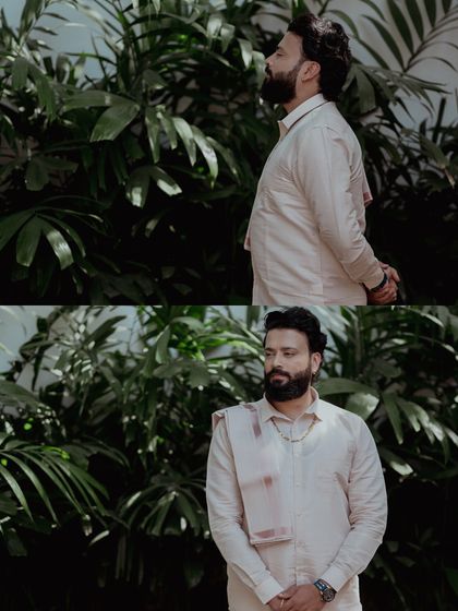 A collage of a groom's portraits, capturing his calm and confident demeanor on his betrothal day.