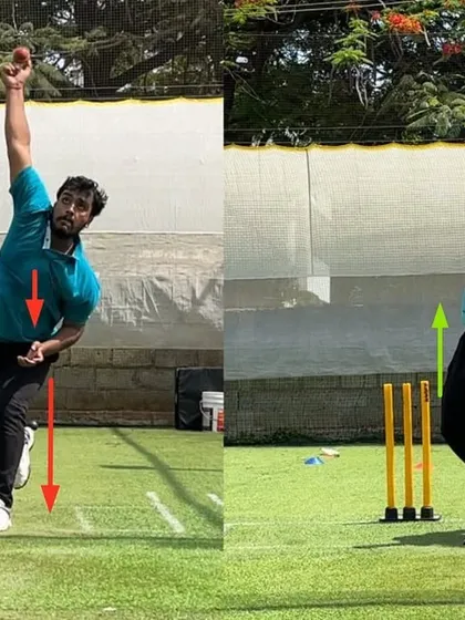 A duplicate of 168, showing the dramatic improvement in body posture at release, all stemming from the correction of the front leg action.