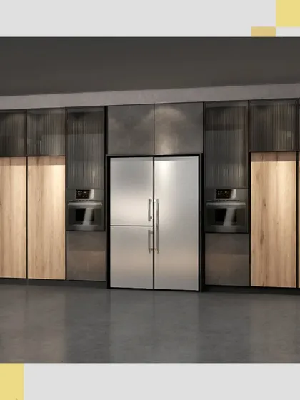 This full wall of integrated units shows how I can create a completely streamlined look, concealing storage and appliances behind a beautiful facade of wood and glass.