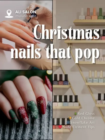 Get ready for any celebration with our festive nail art. Here, we combined matte red and green polish with delicate, hand-painted snowflakes and gold chrome accents for a unique Christmas look.