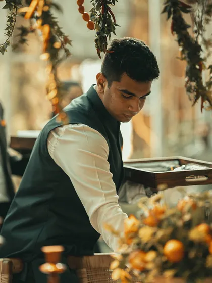 An attentive server arranges a tray, highlighting our focus on seamless service.